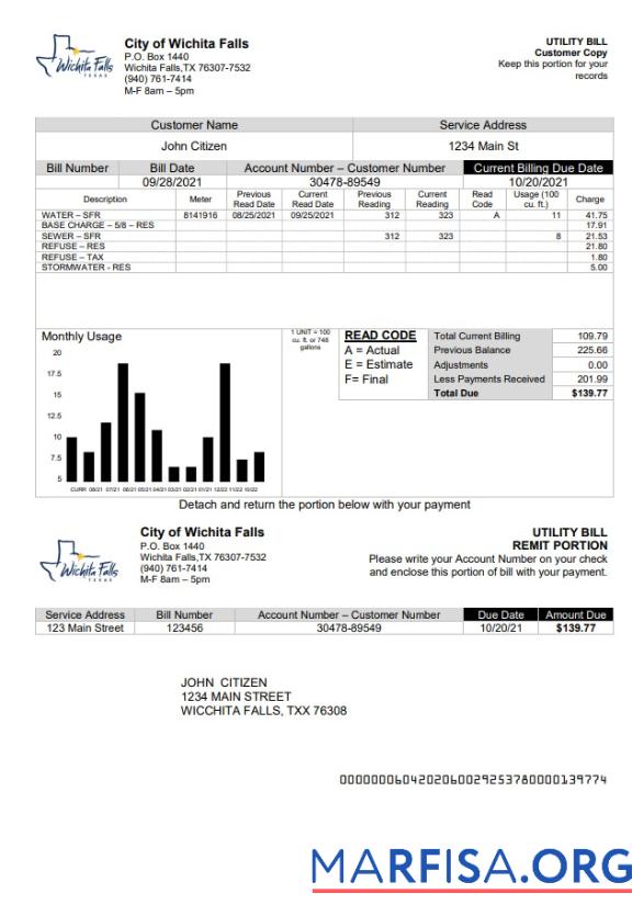 Realistic USA The City of Wichita Falls Utility bill template in Word and PDF format